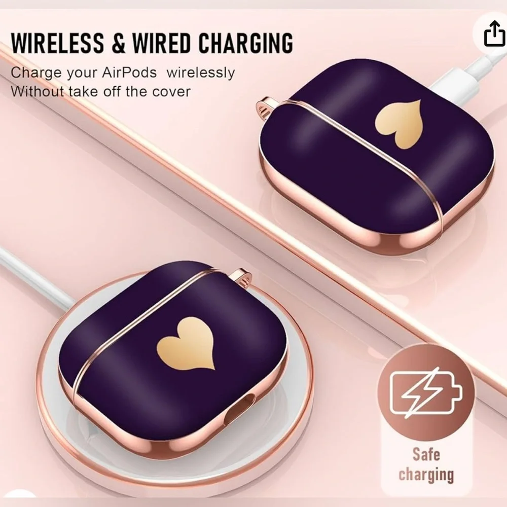Dark Purple with Gold Heart Pattern & Lanyard Shockproof Case for AirPods